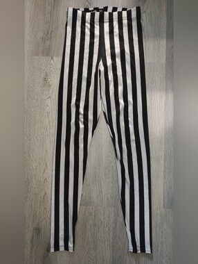 BlackMilk Ringleader Mono Velvet Leggings XS Black White Stripe Beetlejuice Goth